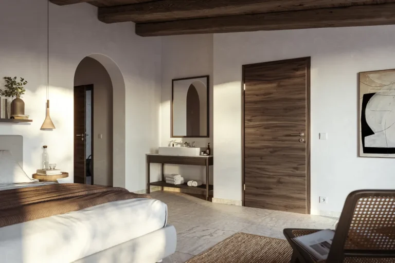 HUGA Innentür Durat Allgäueiche in einem modernen Schlafzimmer mit Holzbalken