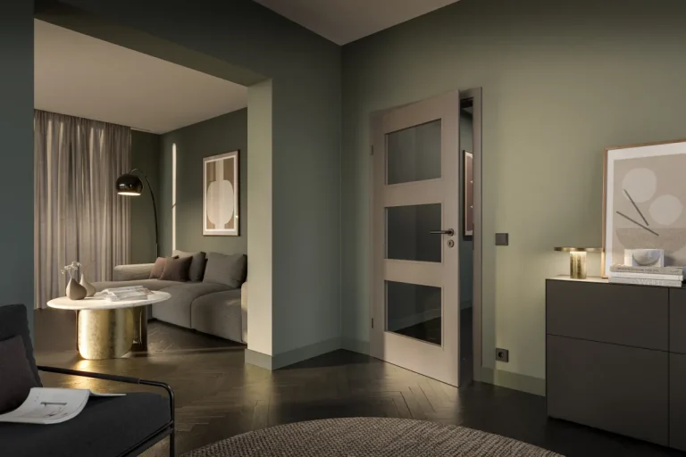 HUGA Innentür Echtlack Premium taupe mit Glasausschnitten in einem modernen Wohnbereich