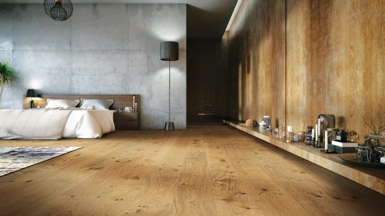 HARO Parkett Eiche Sauvage Retro strukturiert in einem modernen Schlafzimmer