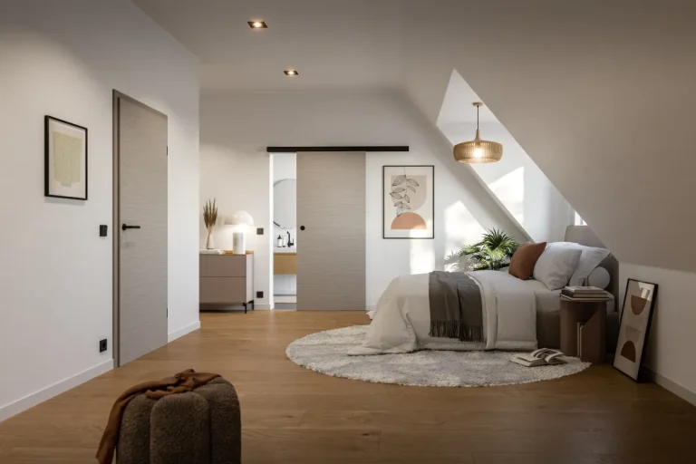HUGA Innentür Versio strukturiert taupe mit passender Schiebetür in einem Schlafzimmer